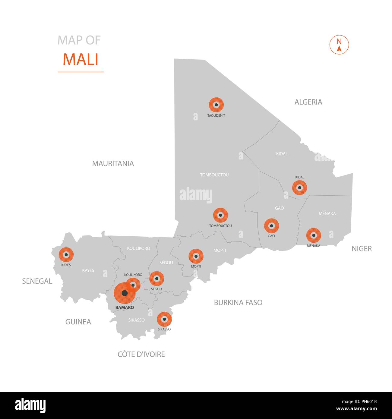 Stylized vector Mali map showing big cities, capital Bamako