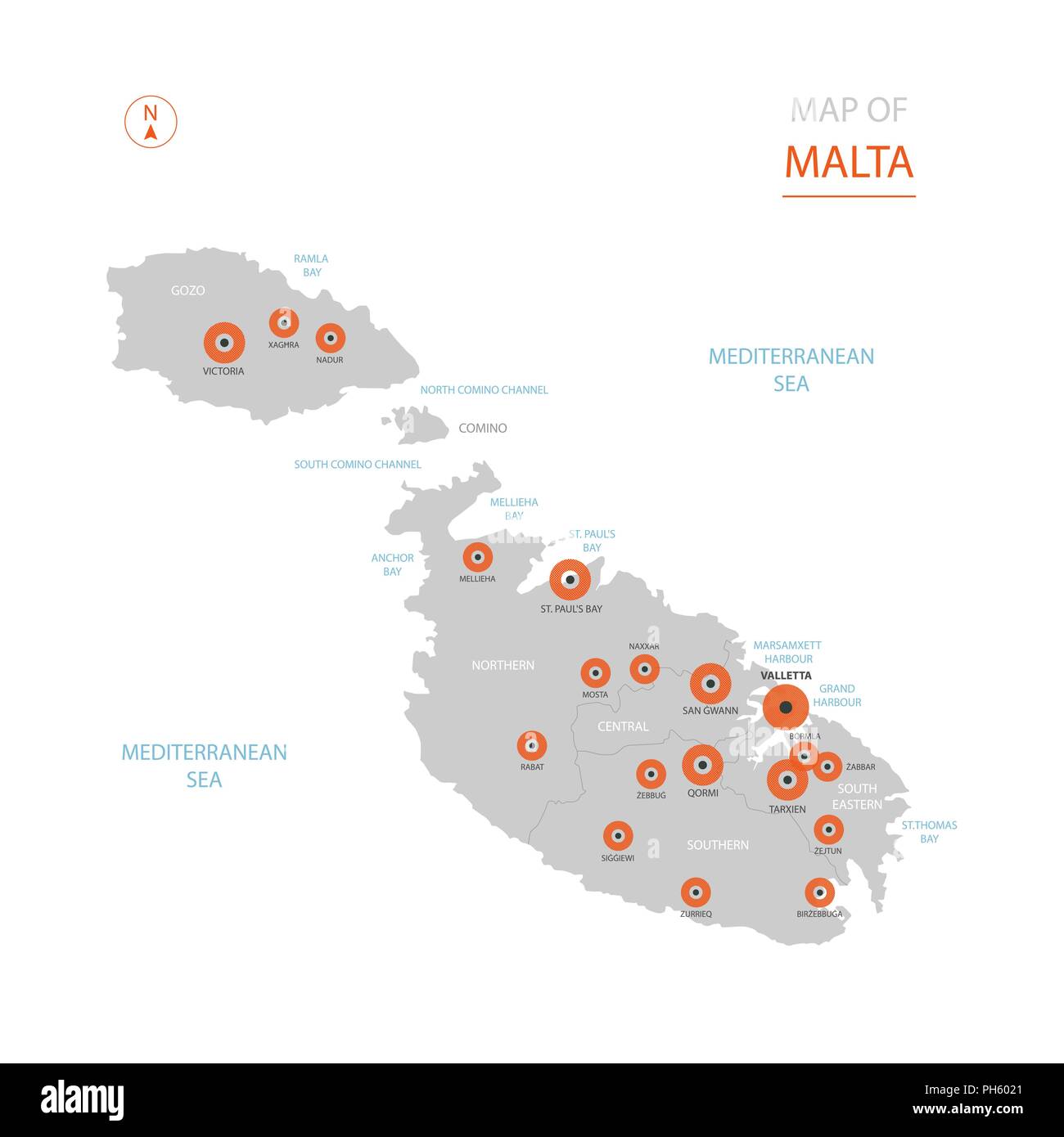 Stylized vector Malta map showing big cities, capital Valletta, administrative divisions. Stock Vector