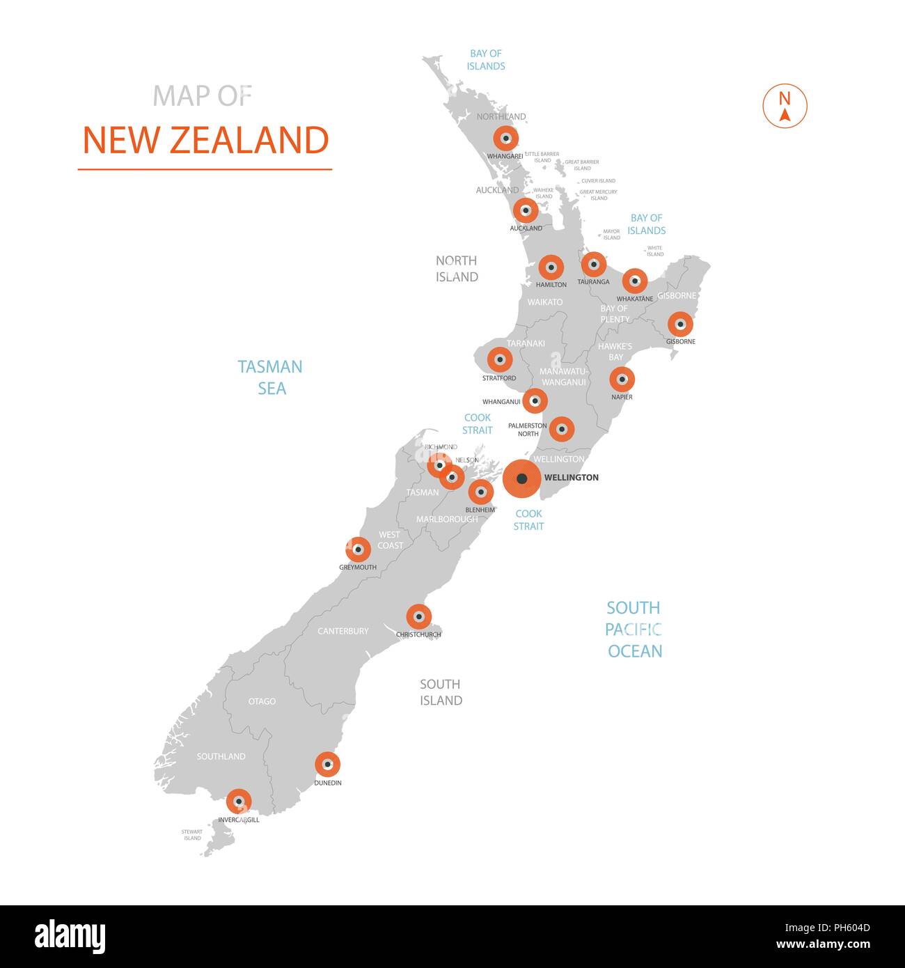 Stylized vector New Zealand map showing big cities, capital Wellington, administrative divisions. Stock Vector