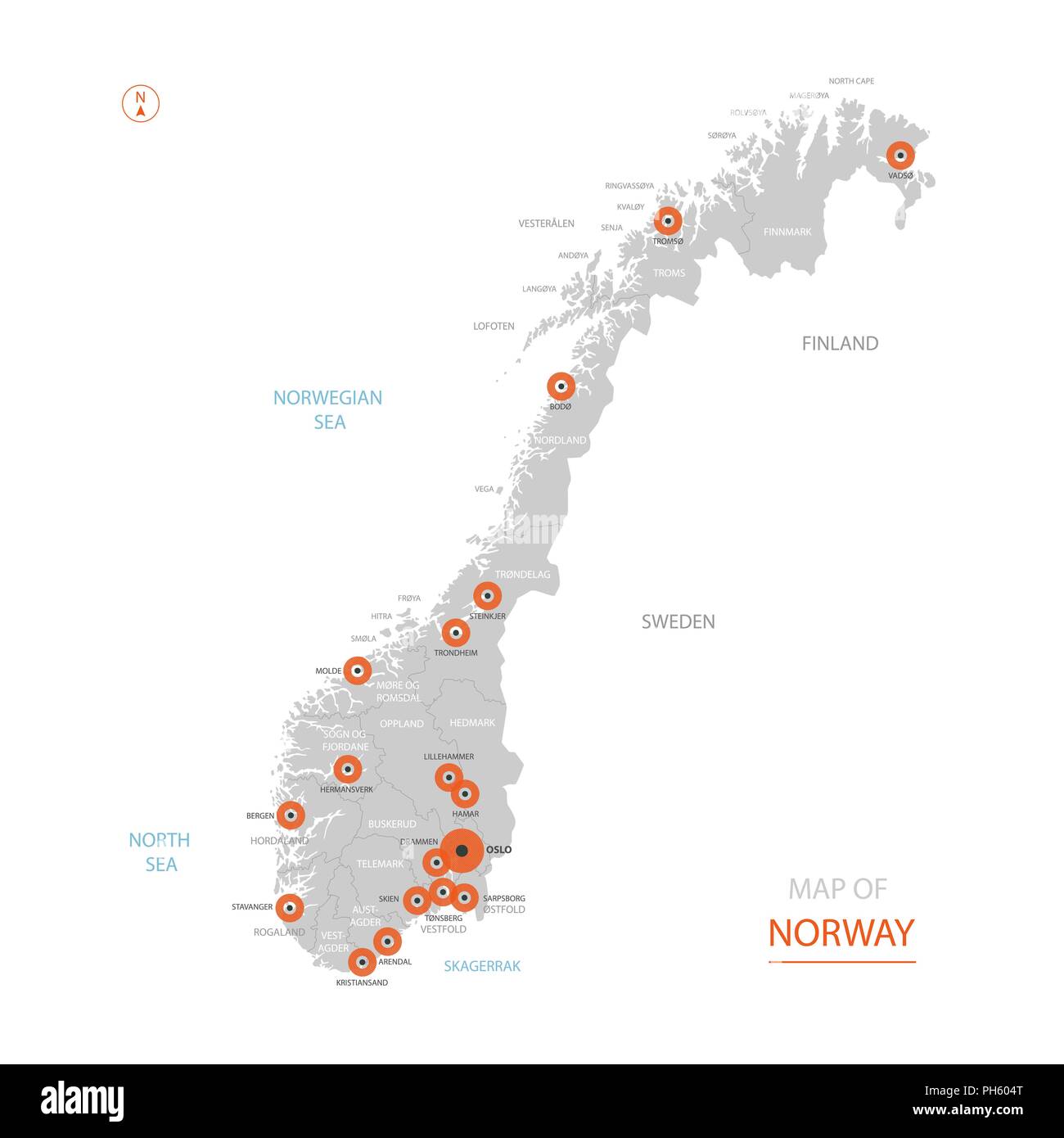 Stylized Vector Norway Map Showing Big Cities Capital Oslo