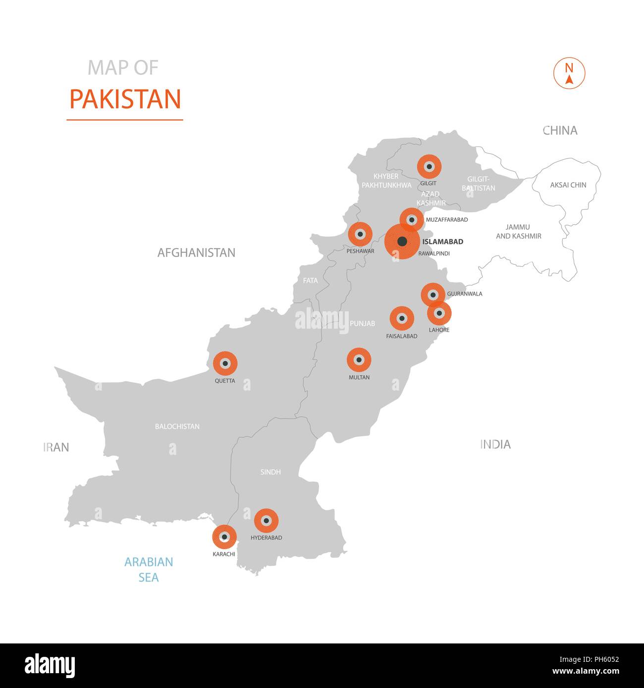 Stylized vector Pakistan map showing big cities, capital Islamabad