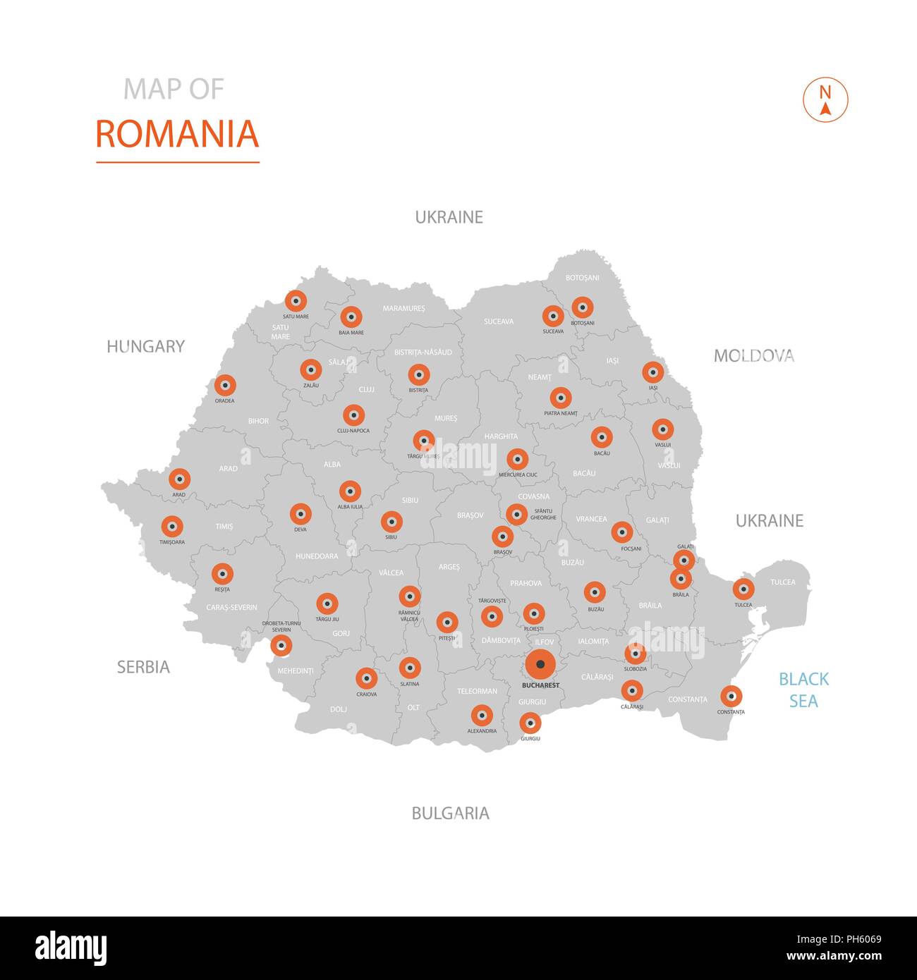 Stylized vector Romania map showing big cities, capital Bucharest, administrative divisions. Stock Vector