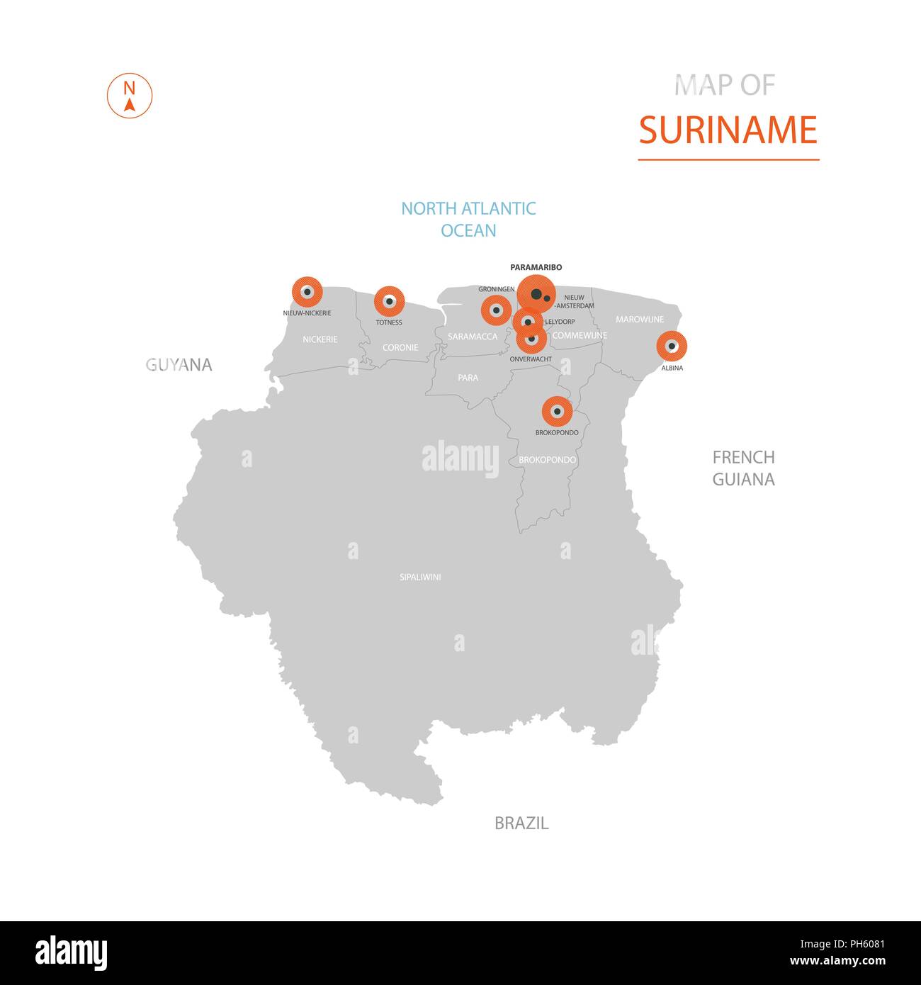 Stylized vector Suriname map showing big cities, capital Paramaribo, administrative divisions. Stock Vector