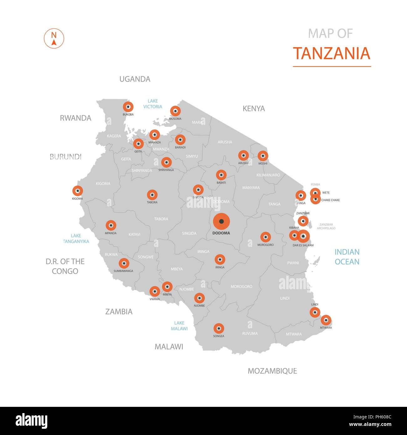 Stylized vector Tanzania map showing big cities, capital Dodoma, administrative divisions. Stock Vector