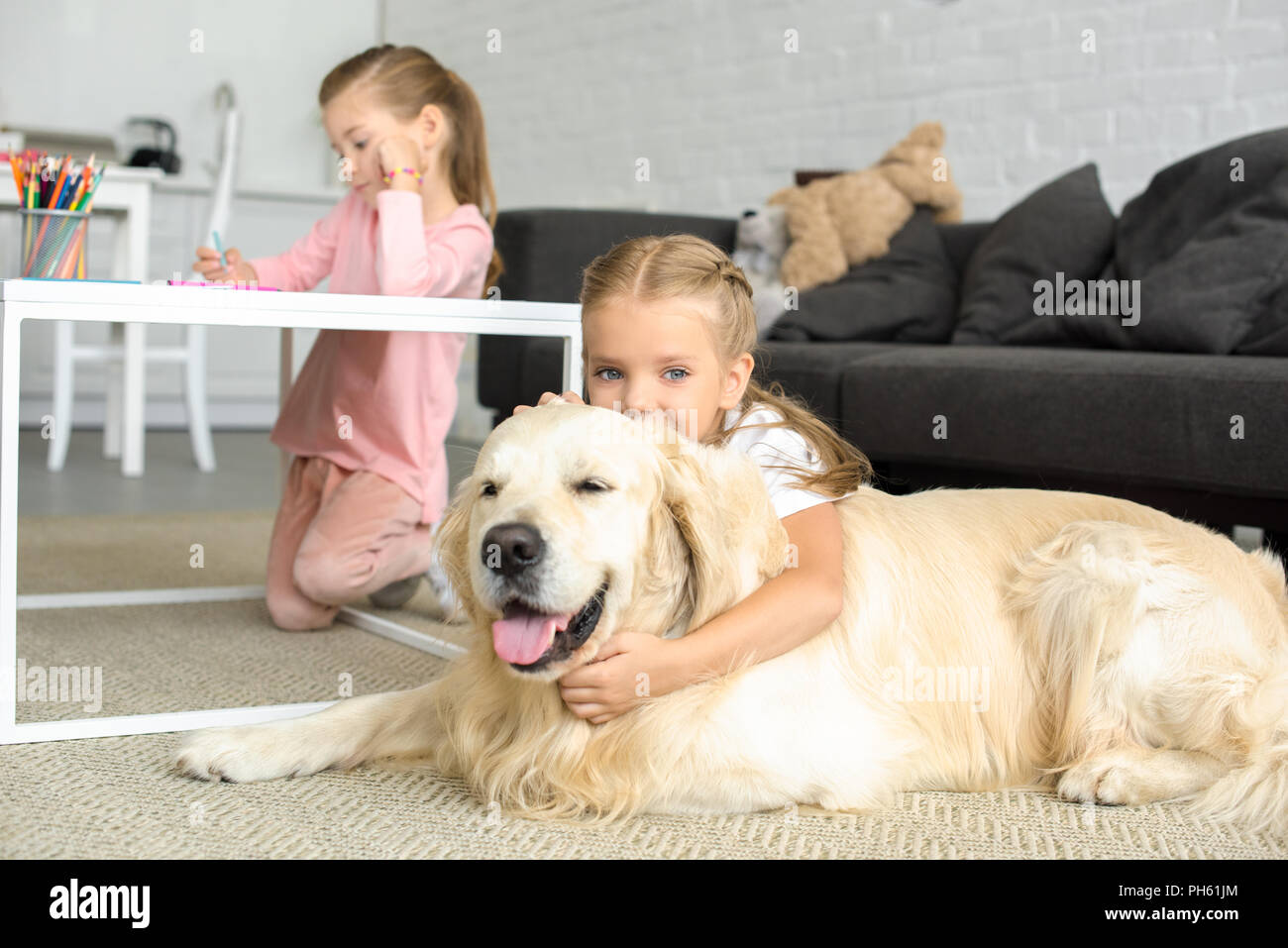 selective focus of kid hugging golden retriever dog on floor while sister drawing picture at home Stock Photo