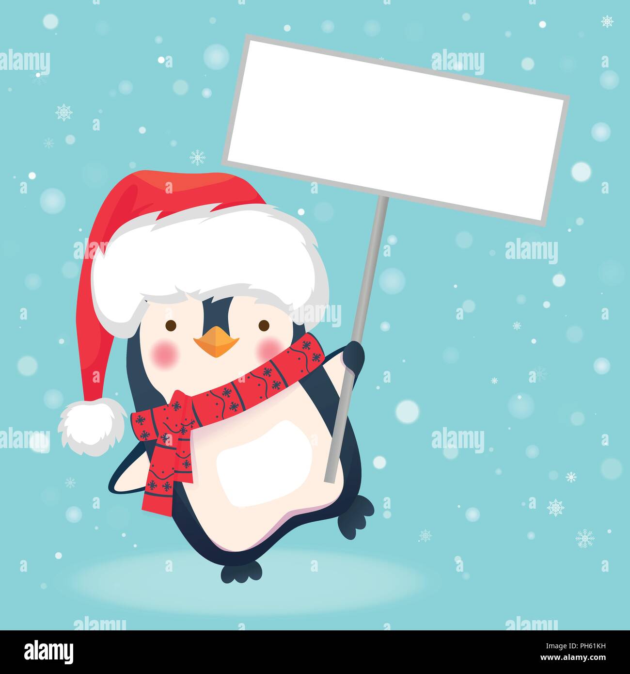 Cute Christmas penguin with Santa hat holding Christmas sign Penguin cartoon vector illustration