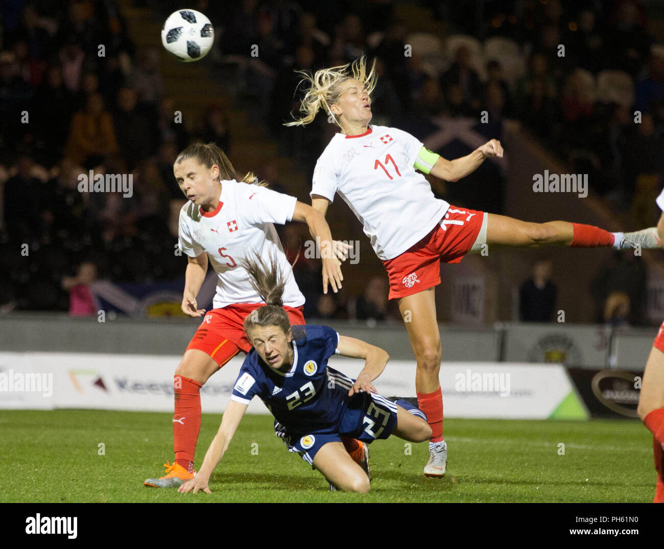 Scotland’s Elizabeth Arnot goes down inside the box but no penalty is