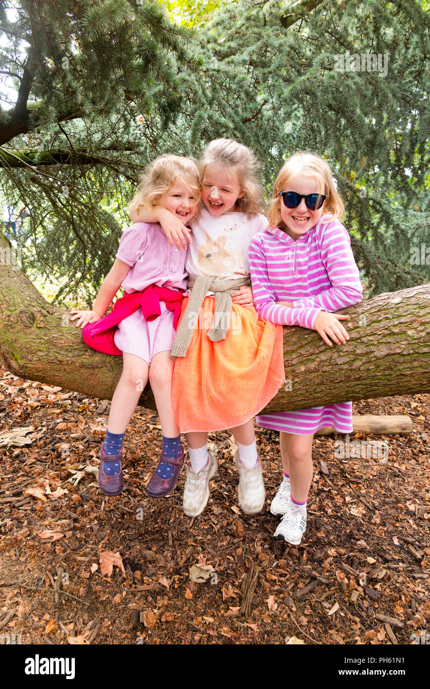 Girls / girl / kid / kids / child / children 3 sisters play with tree branch in the grounds and gardens during holiday at Kew gardens / Royal botanic garden. London UK Stock Photo