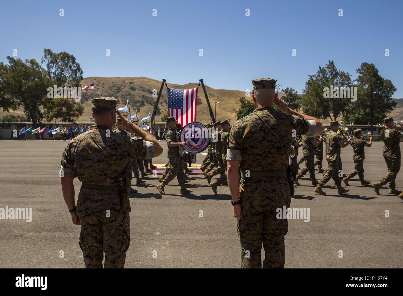 U.S. Marines with 2nd Battalion, 11th Marine Regiment, 1st Marine Division, participate in a change of command ceremony at Marine Corps Base Camp Pendleton, Calif., June 21, 2018. The change of command ceremony represented the official passing of authority from the offgoing commander, Lt. Col Patrick F. Eldridge, to the incoming commander, Lt. Col. Caleb Hyatt. Stock Photo