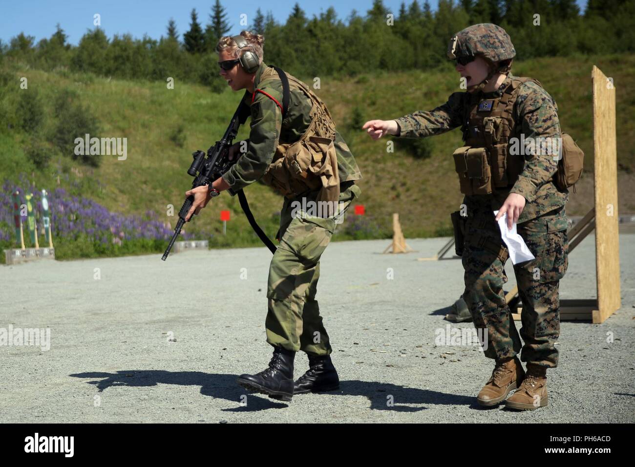 A U.S. Marine with Marine Rotational Force-Europe 18.1 directs a Norwegian military policeman to a barricade during a weapon transition range at Leksdal Skytefelt Training Complex, Norway, June 27, 2018. The multinational training allowed the service members to cross-train with American and Norwegian weapon systems including assault rifles, shotguns, and pistols. Marines and Norwegian soldiers practiced firing from behind barricades and transitioning between weapon systems. Stock Photo
