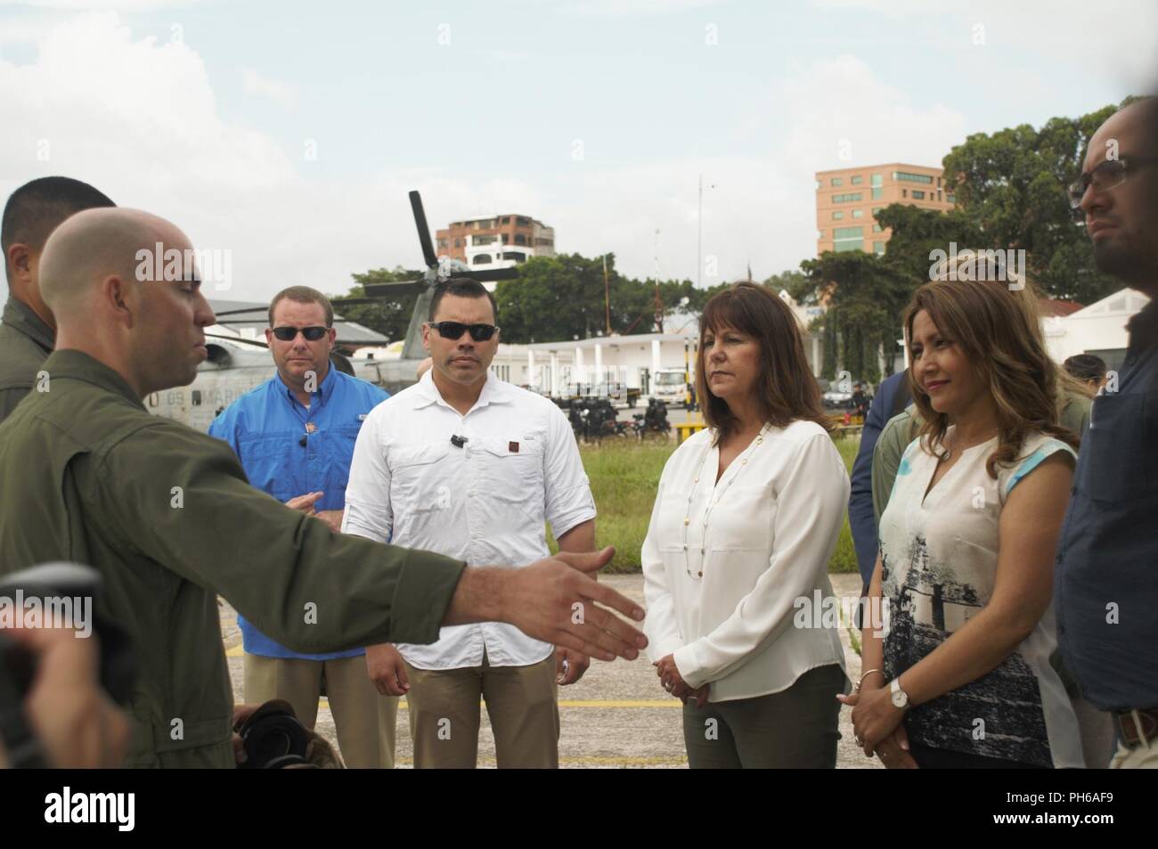 U.S. second lady Karen Pence, left, and Guatemalan first lady Patricia Morales attend a pre-flight brief before boarding a CH-53E Super Stallion helicopter belonging to Special Purpose Marine Air-Ground Task Force - Southern Command at La Aurora International Airport in Guatemala City, Guatemala, June 28, 2018. Pence flew with Morales to visit La Escuintla, an area damaged by volcanic eruptions by Fuego Volcano. Pence and her staff delivered care packages to families and assessed the total damage caused by the volcano that has affected the lives of millions in the area. The Marines and sailors Stock Photo