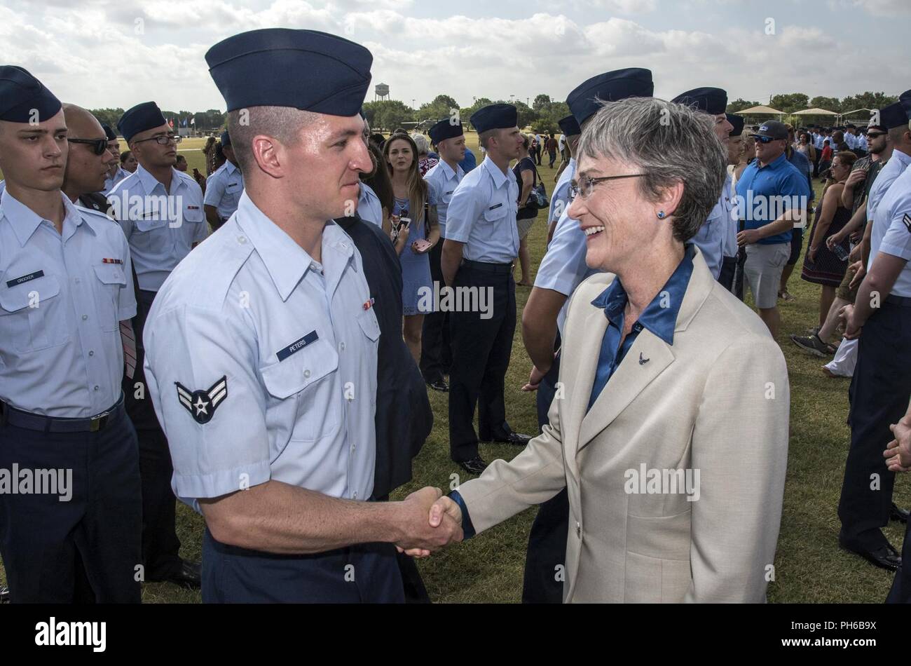 Secretary of the Air Force Heather Wilson visits with Airmen during Basic  Military Training graduation at