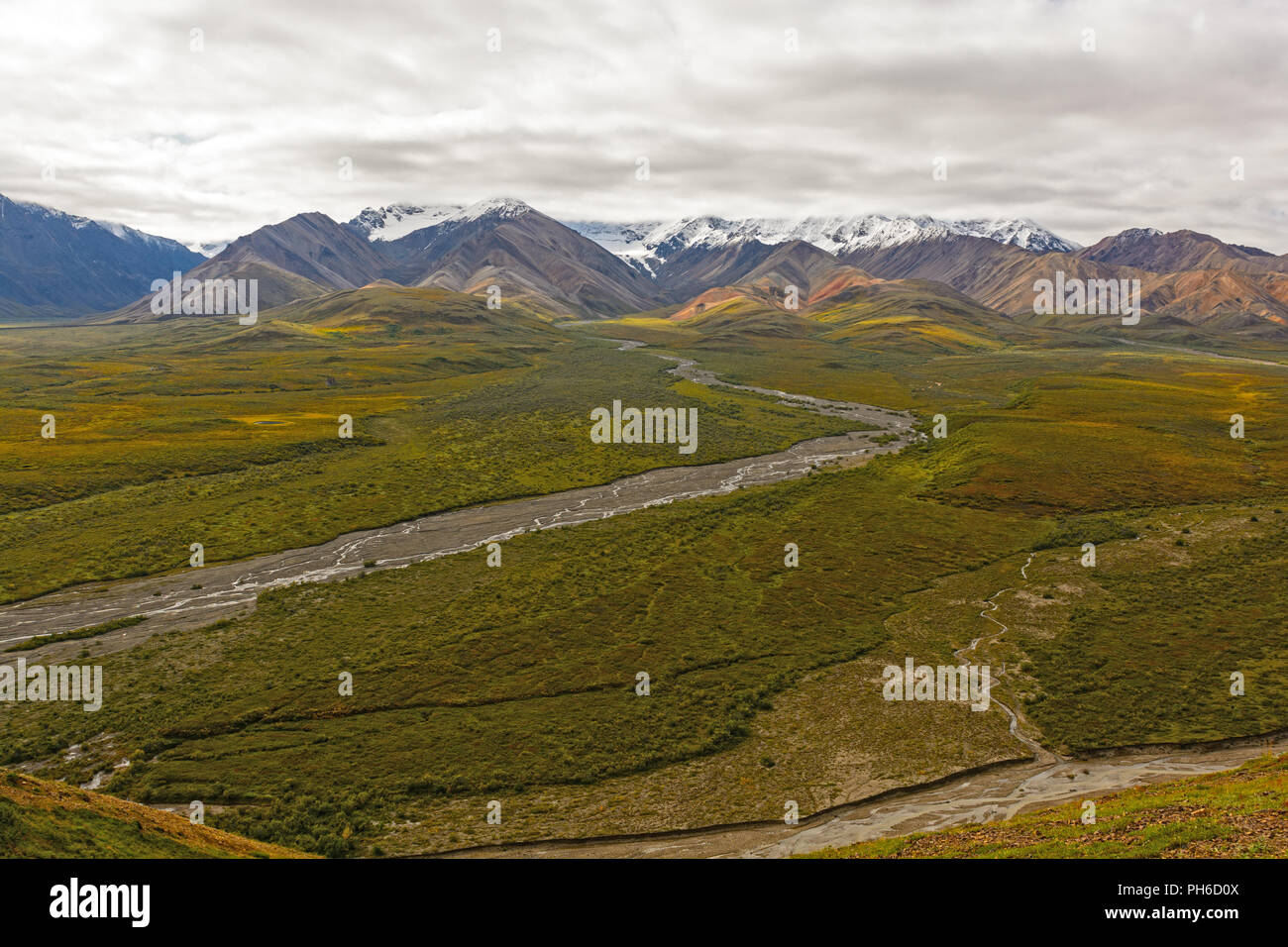 Colorful Mountains above a Tundra Valley from Polychrome Pass in Denali National Park in Alaska Stock Photo