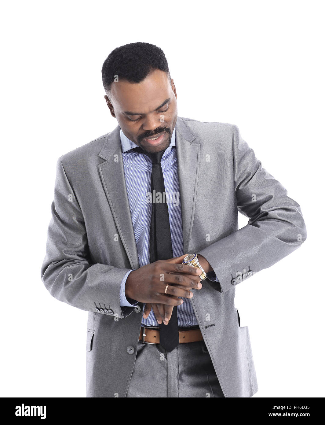 african man look at clock isolated on white background Stock Photo - Alamy