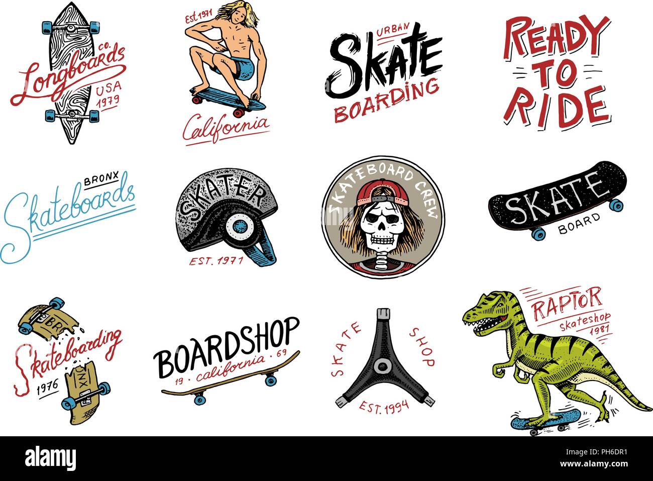 Set of Skateboarding labels logo. Skater Dinosaur tyrannosaur rex rides on  the board.. Urban design for badges, emblems t-shirt typography. engraved  hand drawn sketch in monochrome vintage style Stock Vector Image &
