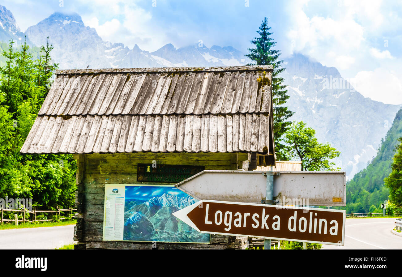 Entrance of logarska dolina valley in Slovenia Stock Photo