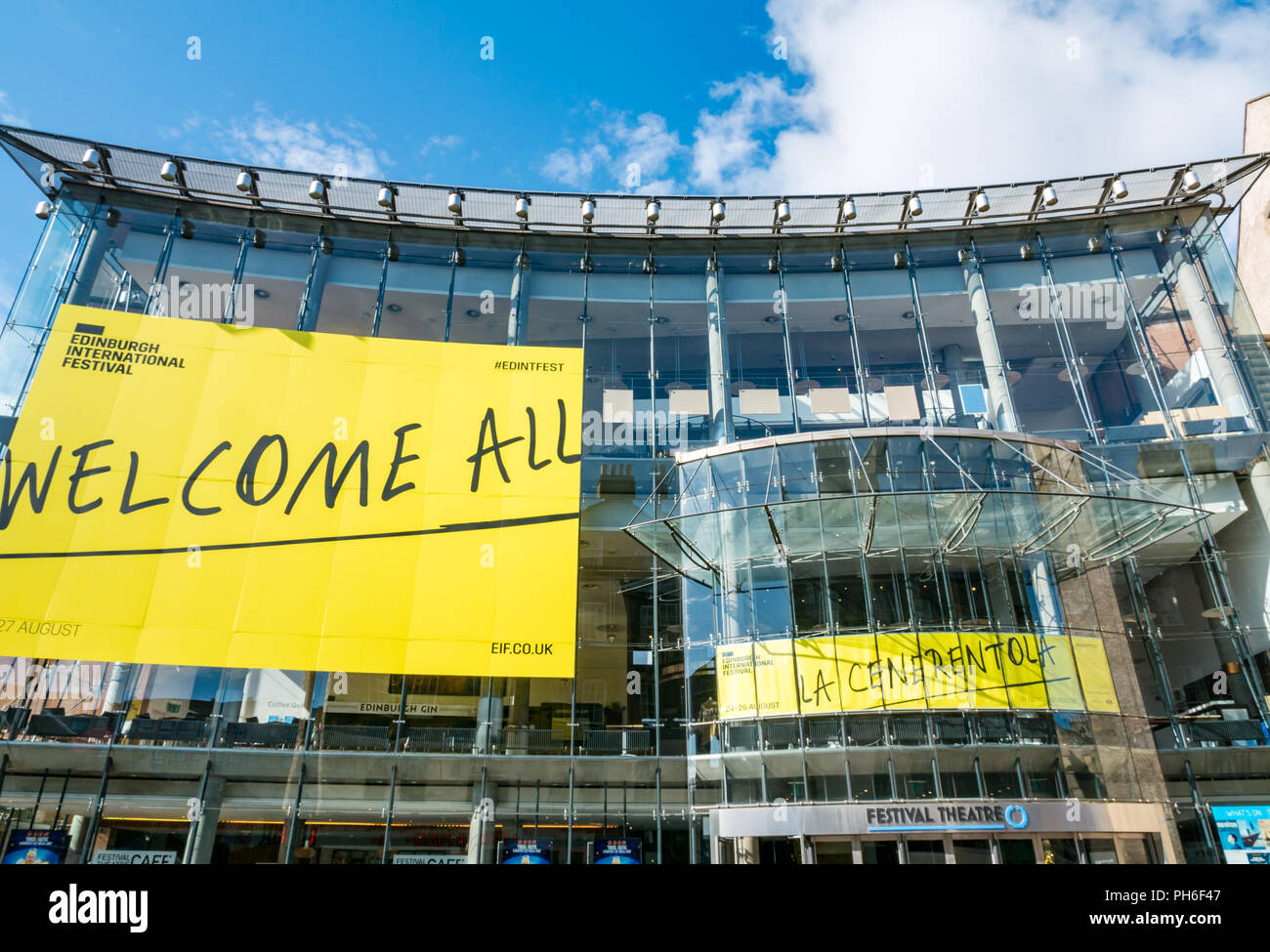 Front of Festival Theatre with yellow welcome all Edinburgh International Festival banner, Nicholson Street, Edinburgh, Scotland, UK Stock Photo