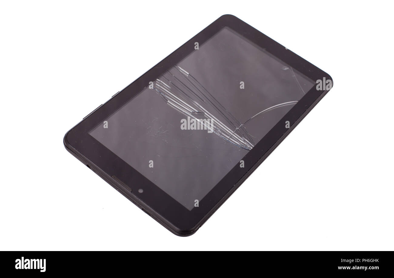 Cracked tablet - glasbruch. Tablet pc with broken screen. Stock Photo