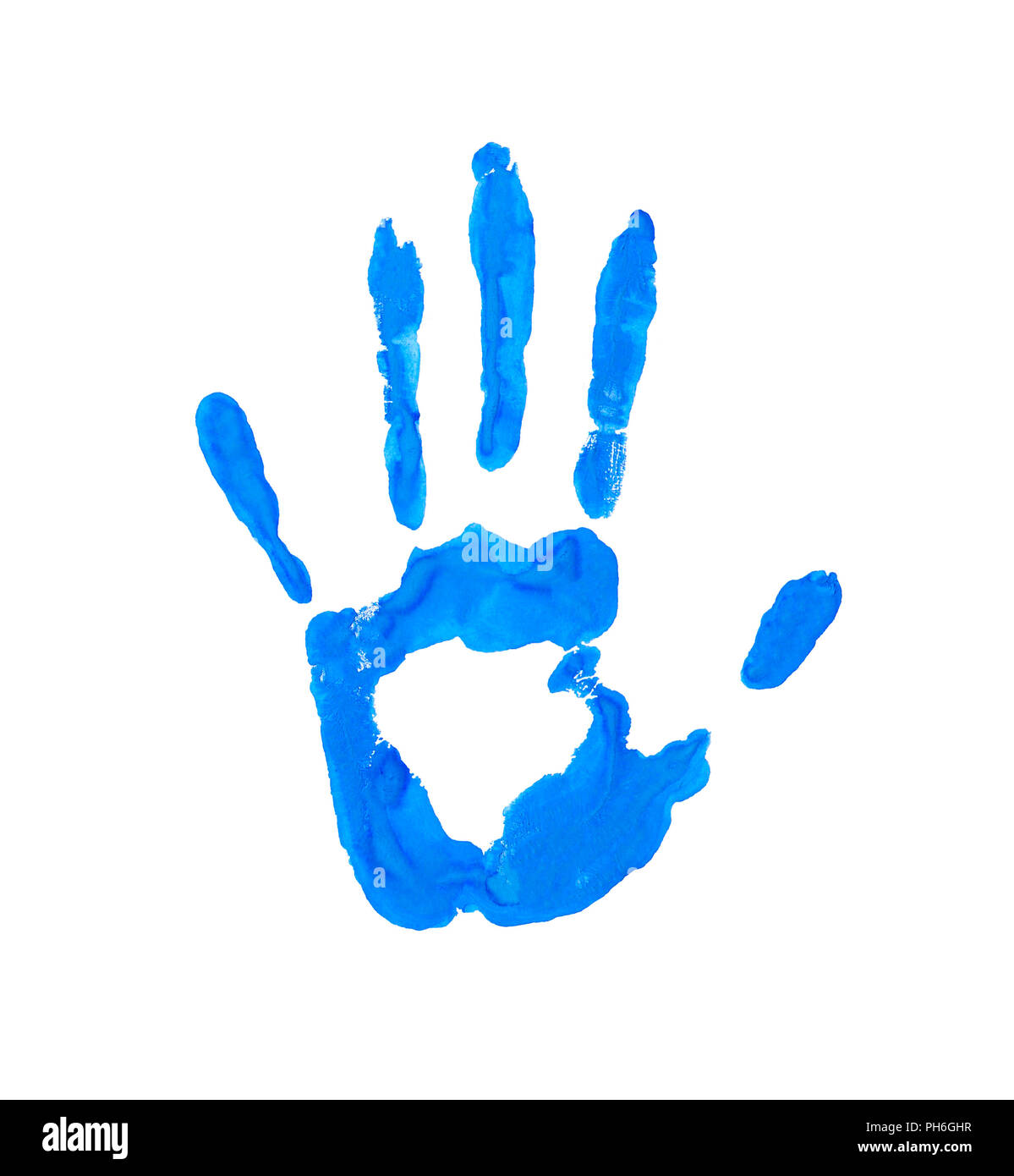 imprint of the palm. hand in paint. watercolor handprint on paper isolated. Stock Photo