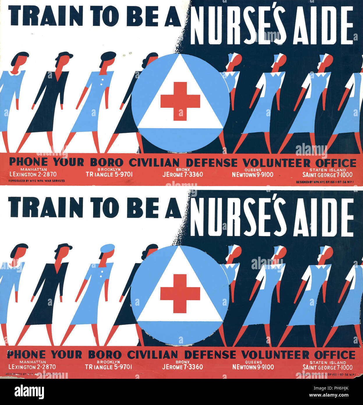 Poster encouraging women to become nurses' aides for the Civilian Defense Volunteer Office, showing women in civilian dress and nurse's uniforms. Stock Photo