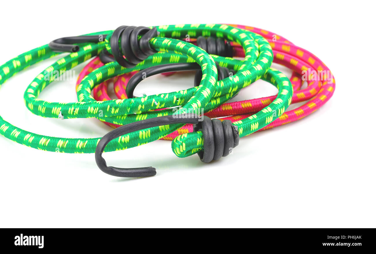 Elastic round rope with hooks on white Stock Photo Alamy