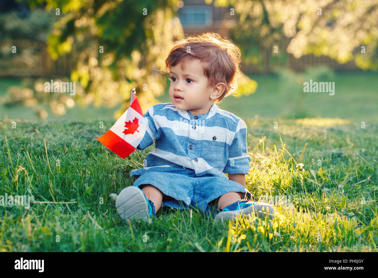 portrait of little white Caucasian baby boy holding Canadian flag with red maple leaf. Toddler celebrating national Canada day sitting on grass in sum Stock Photo