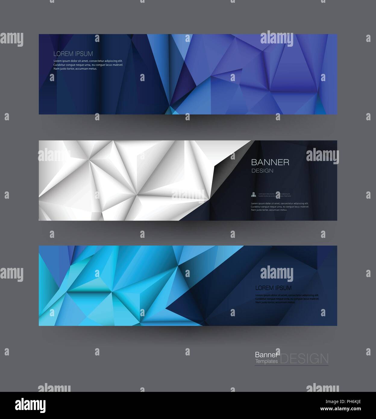 Vector polygon banner set. Polygonal or low poly pattern background. Illustration abstract layout, label design. Futuristic digital technology concept Stock Vector
