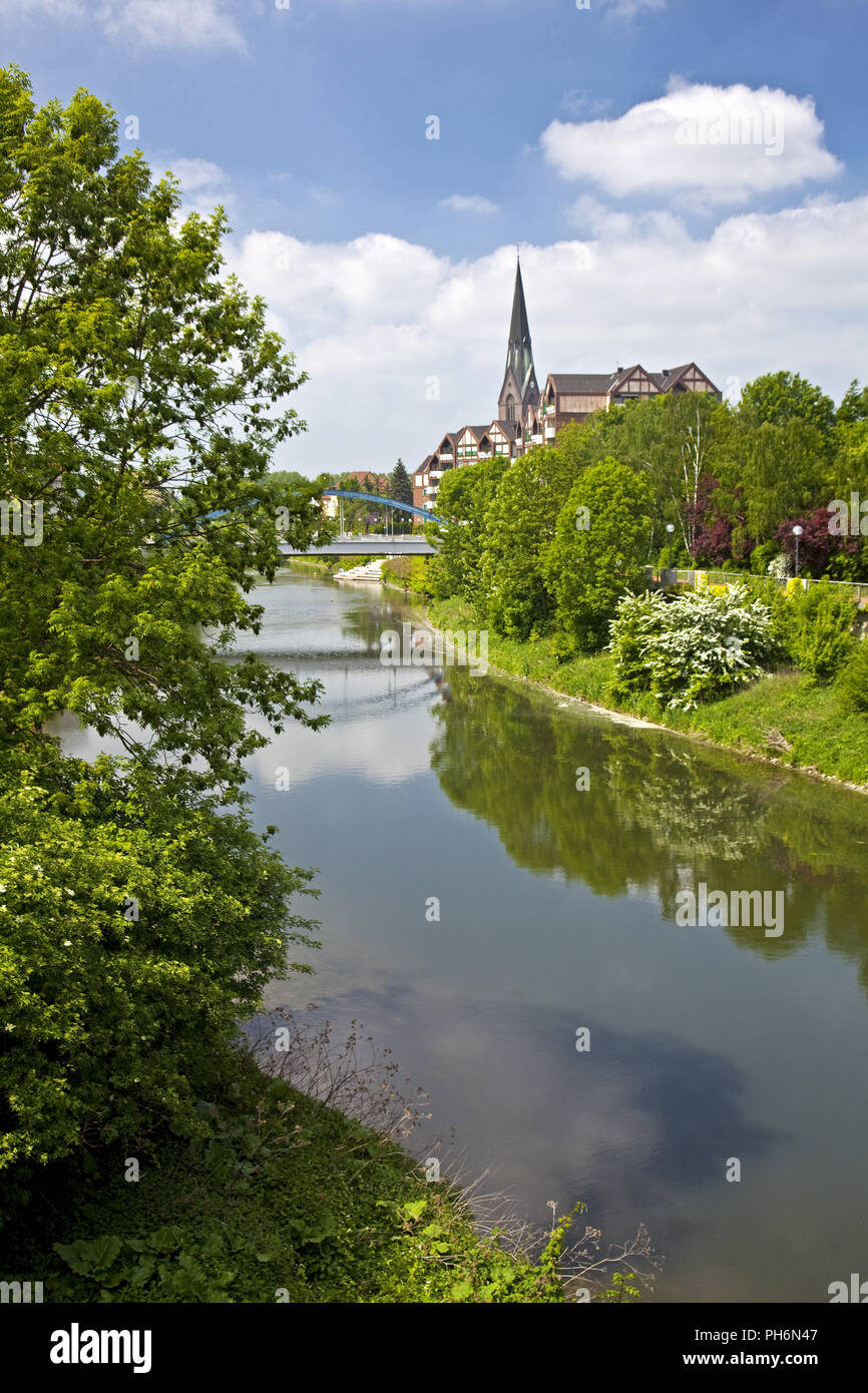Lippe river in the city center, Luenen, Germany Stock Photo