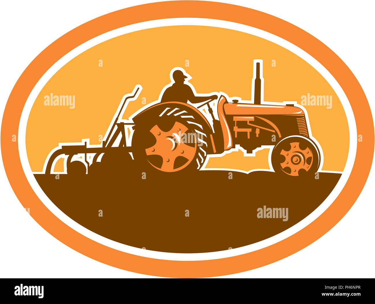 Farmer Driving Vintage Farm Tractor Oval Retro Stock Photo - Alamy