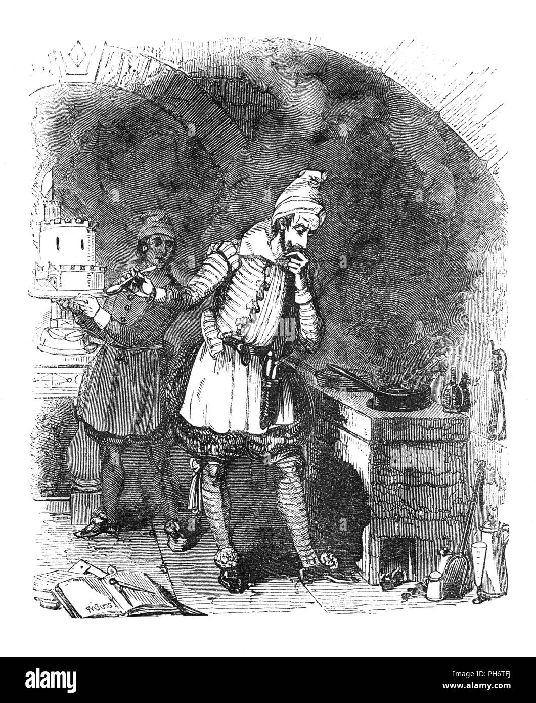 Percy's Reliques is a folio of ballads and popular songs collected by Bishop Thomas Percy and published in 1765. Some of them were found on the floor in the house of his friend Humphrey Pitt of Shifnal, a small market town of Shropshire, where Pitt's maid had been using the leaves to light fires.  Other sources were the Pepys Library of broadside ballads collected by Samuel Pepys. They all serve to illustrate 16th Century domestic life during the reign of Queen Elizabeth I.  This one illustrates  a new French cook, to devise fine kickshaws, and toys ; Like a young courtier, &c. Stock Photo