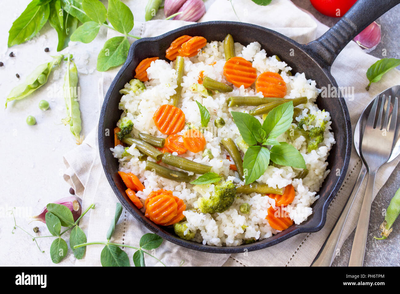 Healthy food Fried rice with vegetables. Prepared and served in a cast