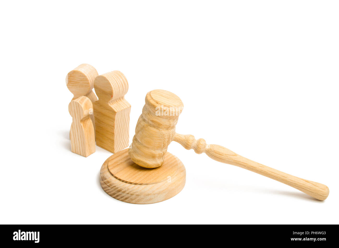 Judge's hammer and family. Court cases on family disputes. Adoption of the child. Deprivation of parental rights. Social protection of families, human Stock Photo