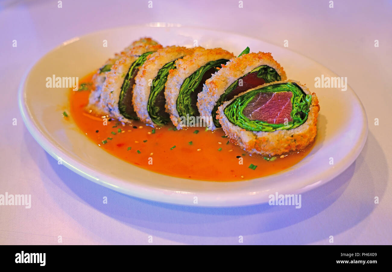 Deep fried panko crusted tuna and spinach sushi roll Stock Photo Alamy