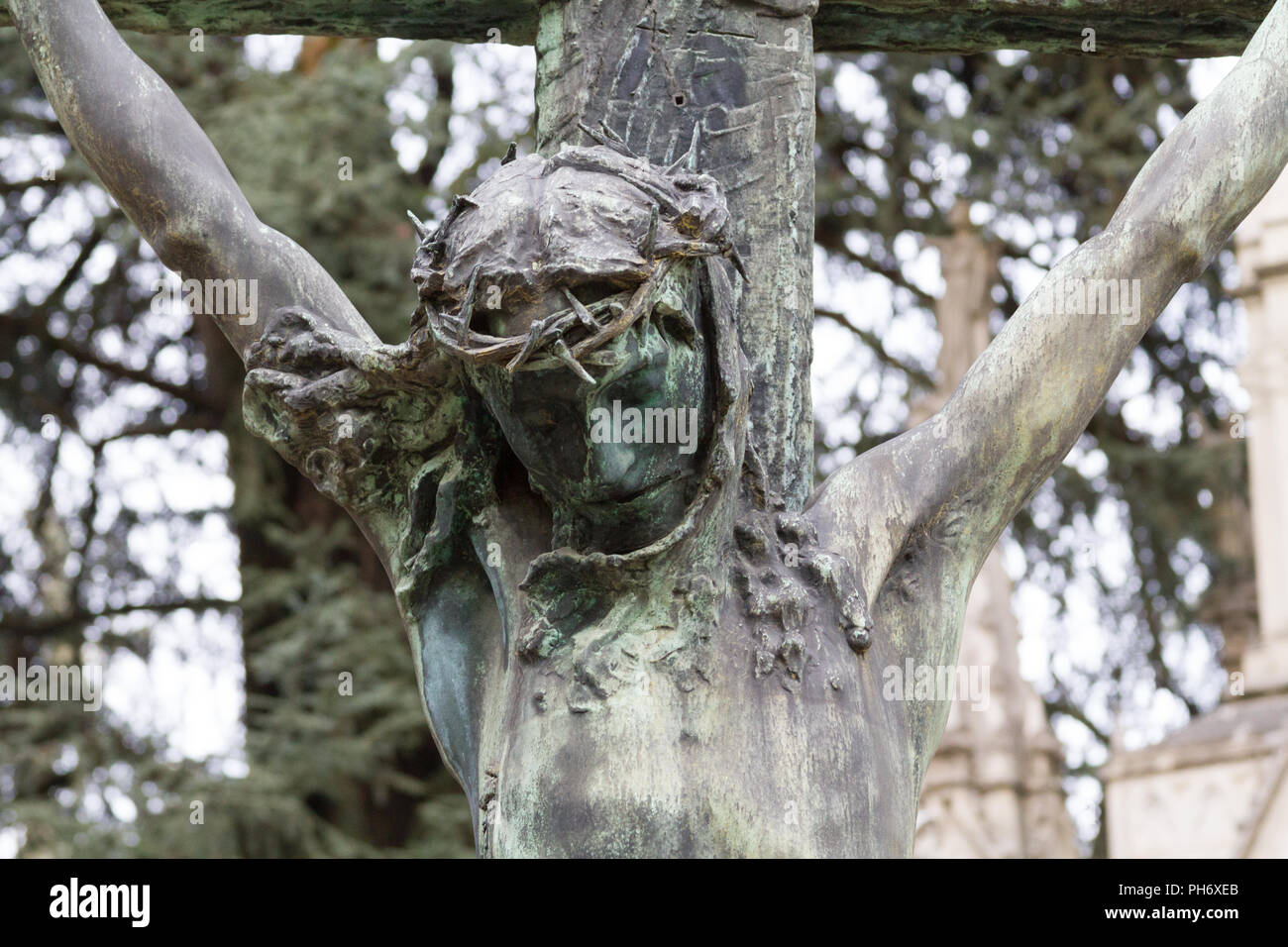 Milano, Italy. 2018/2/8. A statue of Jesus Christ on the cross at the Cimitero Monumentale ('Monumental Cemetery') in Milan, Italy. Stock Photo