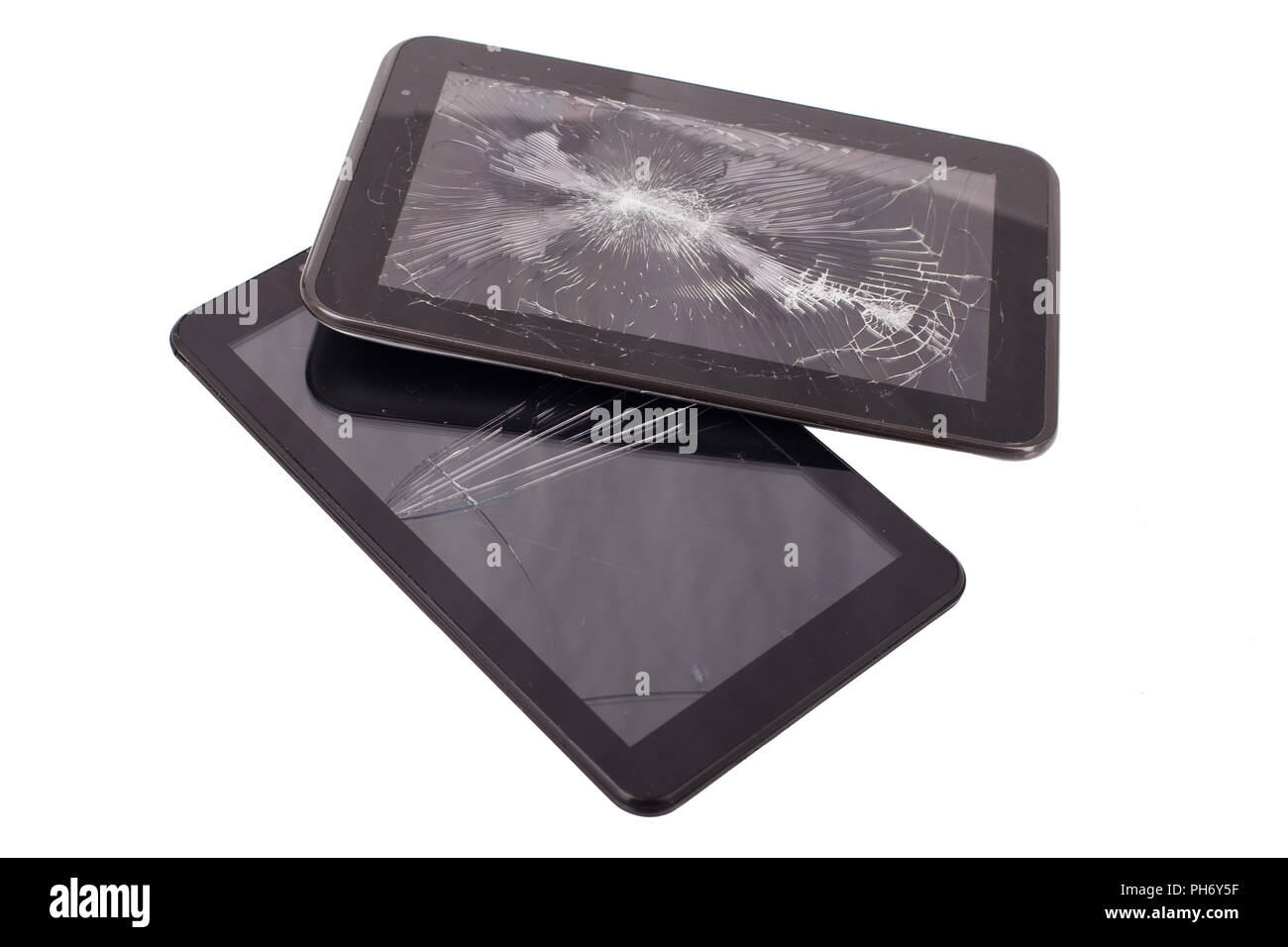 Tablet computer with broken screen. Cracked tablet - glasbruch. Stock Photo