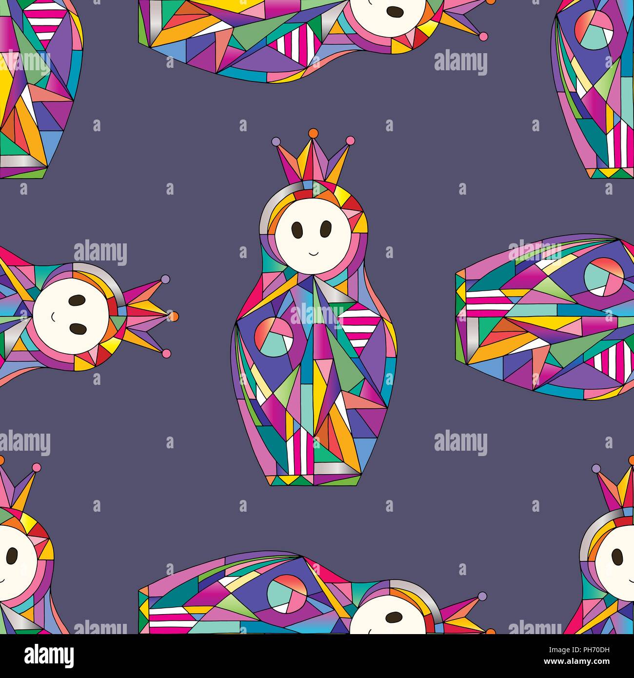 Matryoshka girl hand drawn vector pattern. Nesting doll with crown background in modern style. Stock Vector
