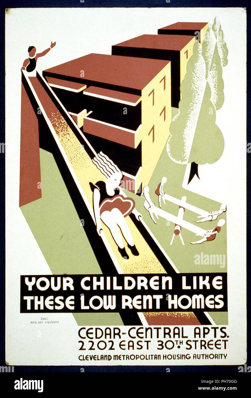 Poster for Cleveland Metropolitan Housing Authority promoting low income  housing development, showing children playing on playground Stock Photo -  Alamy