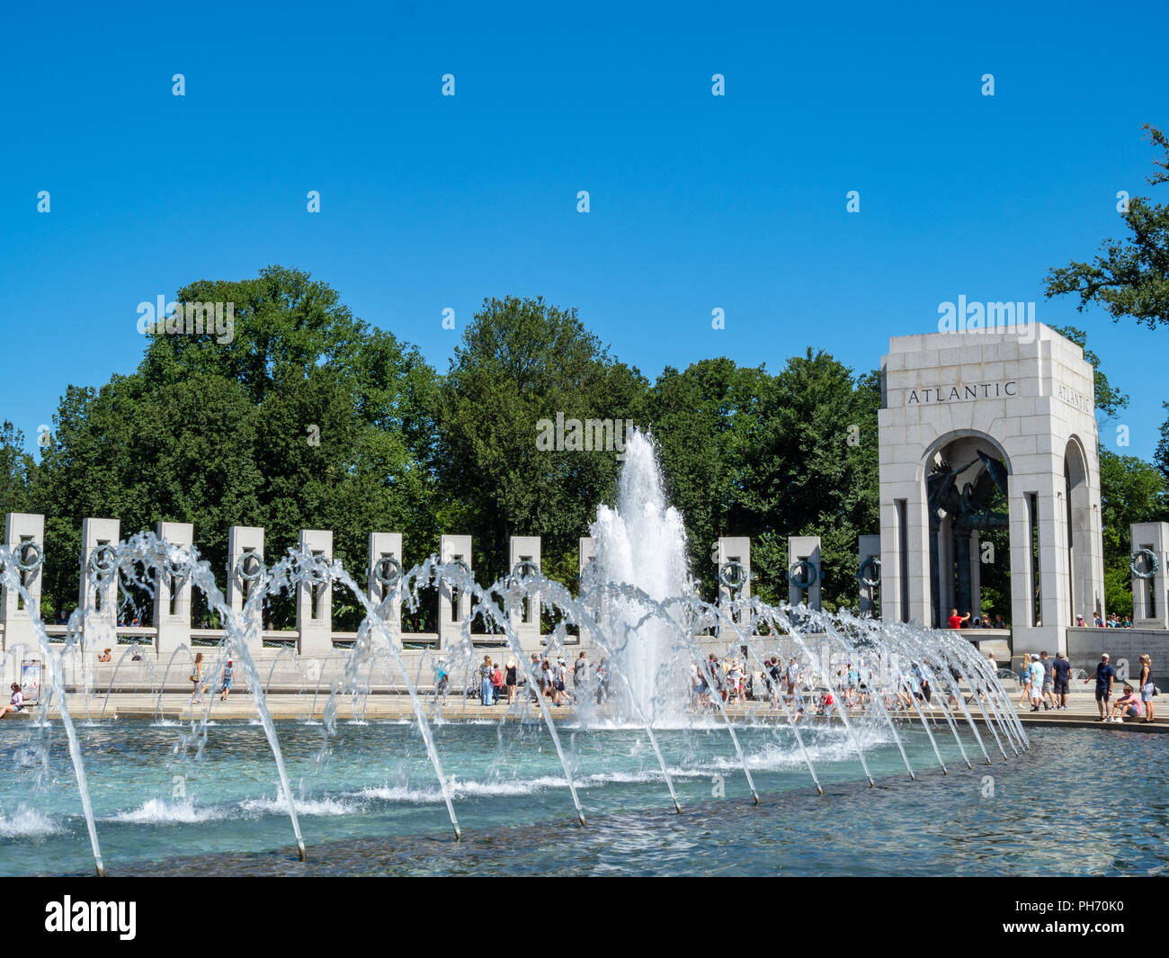 World War II Memorial Atlantic side with various territories with fountain and tourists Stock Photo