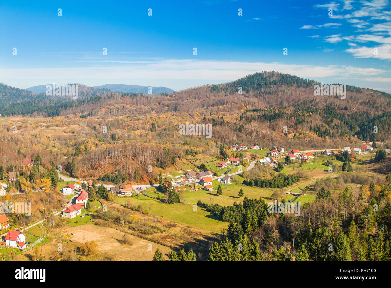 Beautiful town of Lokve in Gorski kotar, Croatia, in autumn, panoramic view Stock Photo