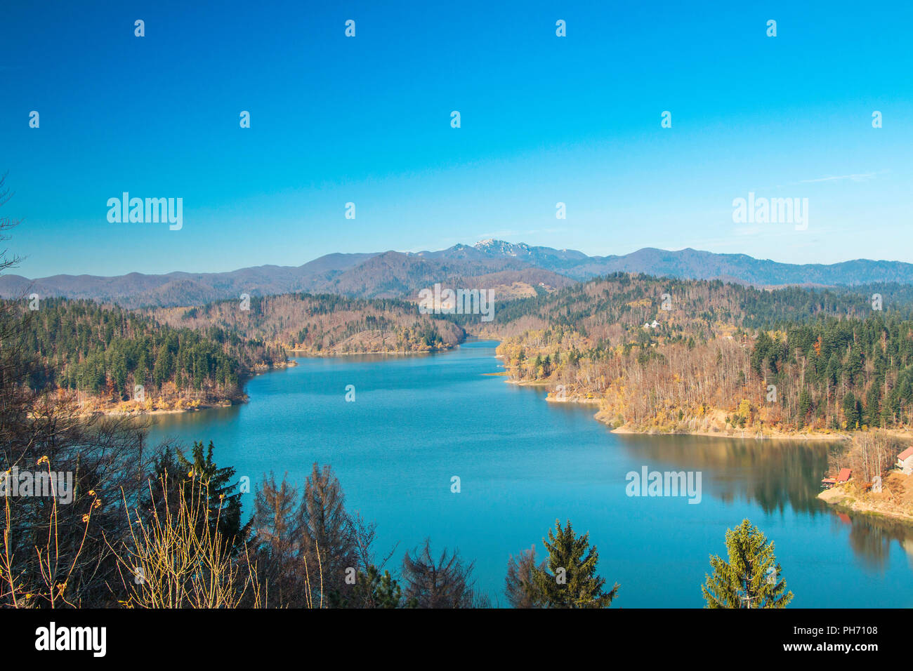 Panoramic view of Lokvarsko lake, beautiful mountain autumn landscape, Lokve, Gorski kotar, Croatia Stock Photo