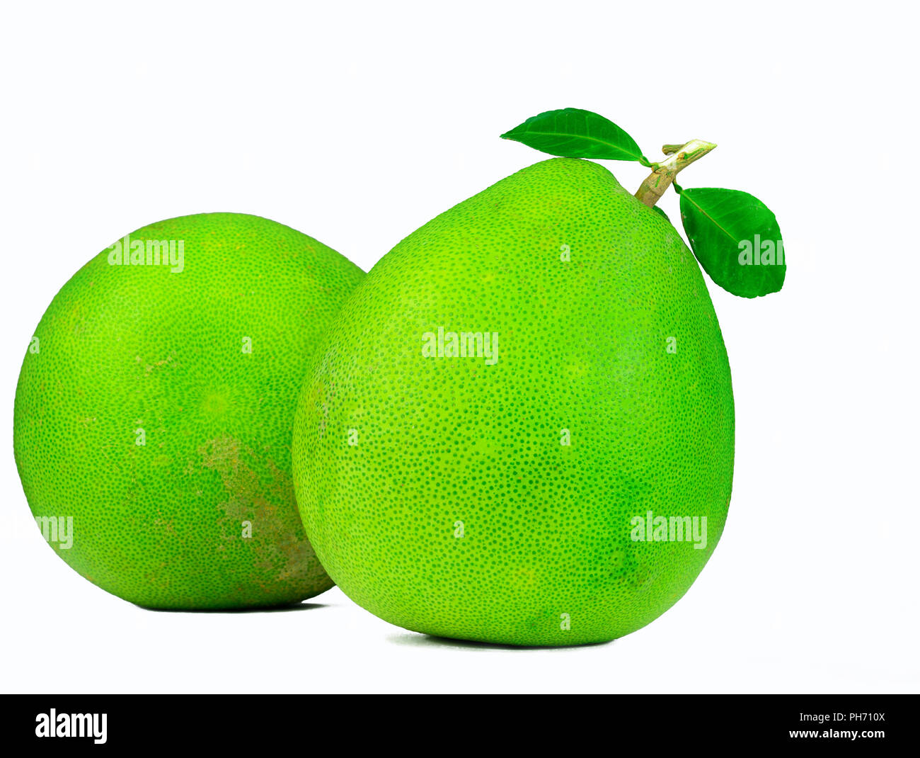 Two pomelo with leaves isolated on white background. Tropical fruit. Natural source of vitamin C