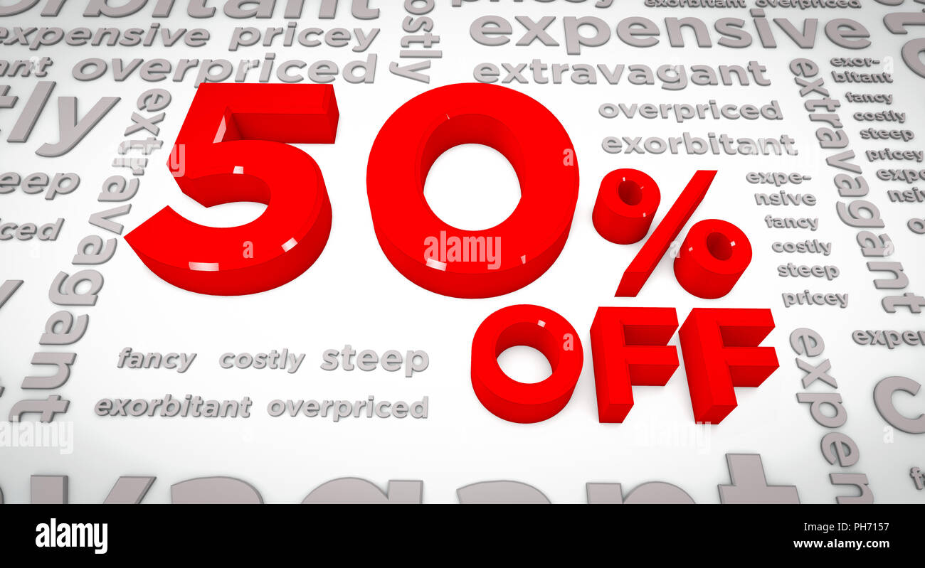 3D Render of 50% off along with text of the opposites like pricey, exorbitant, etc. in the background. Stock Photo