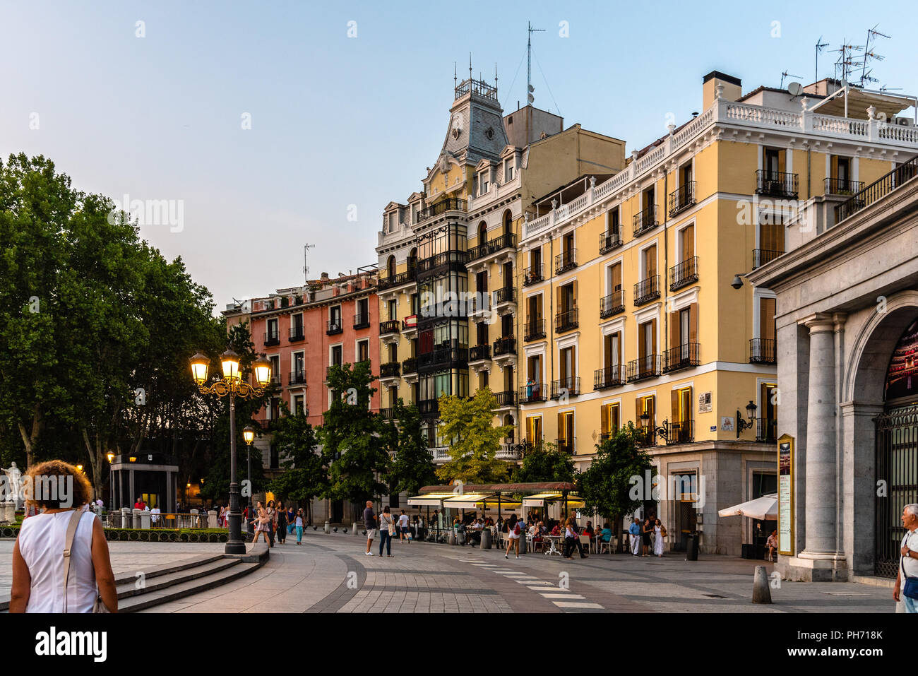 Madrid, Spain - August 25, 2018: Square of Oriente and Royal Theatre of Madrid. It is located in front of Royal Palace Stock Photo
