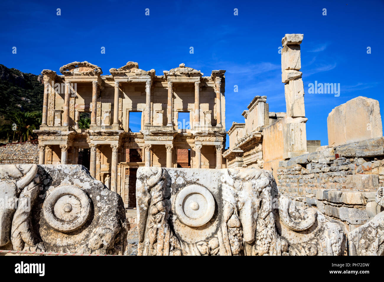 Carvings and library of celsus Stock Photo