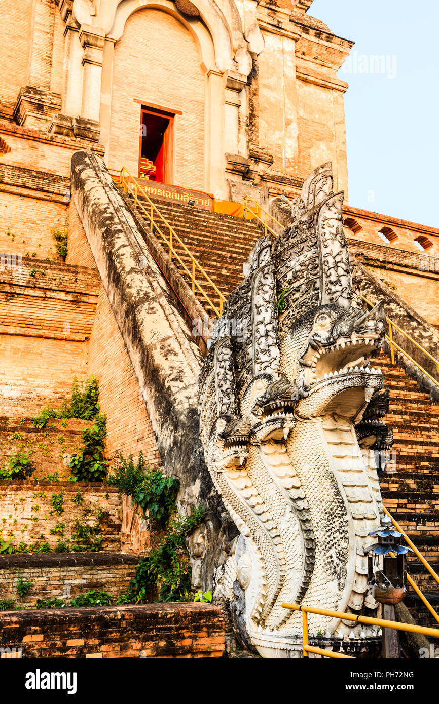 Naga guardian at wat chedi luang Stock Photo