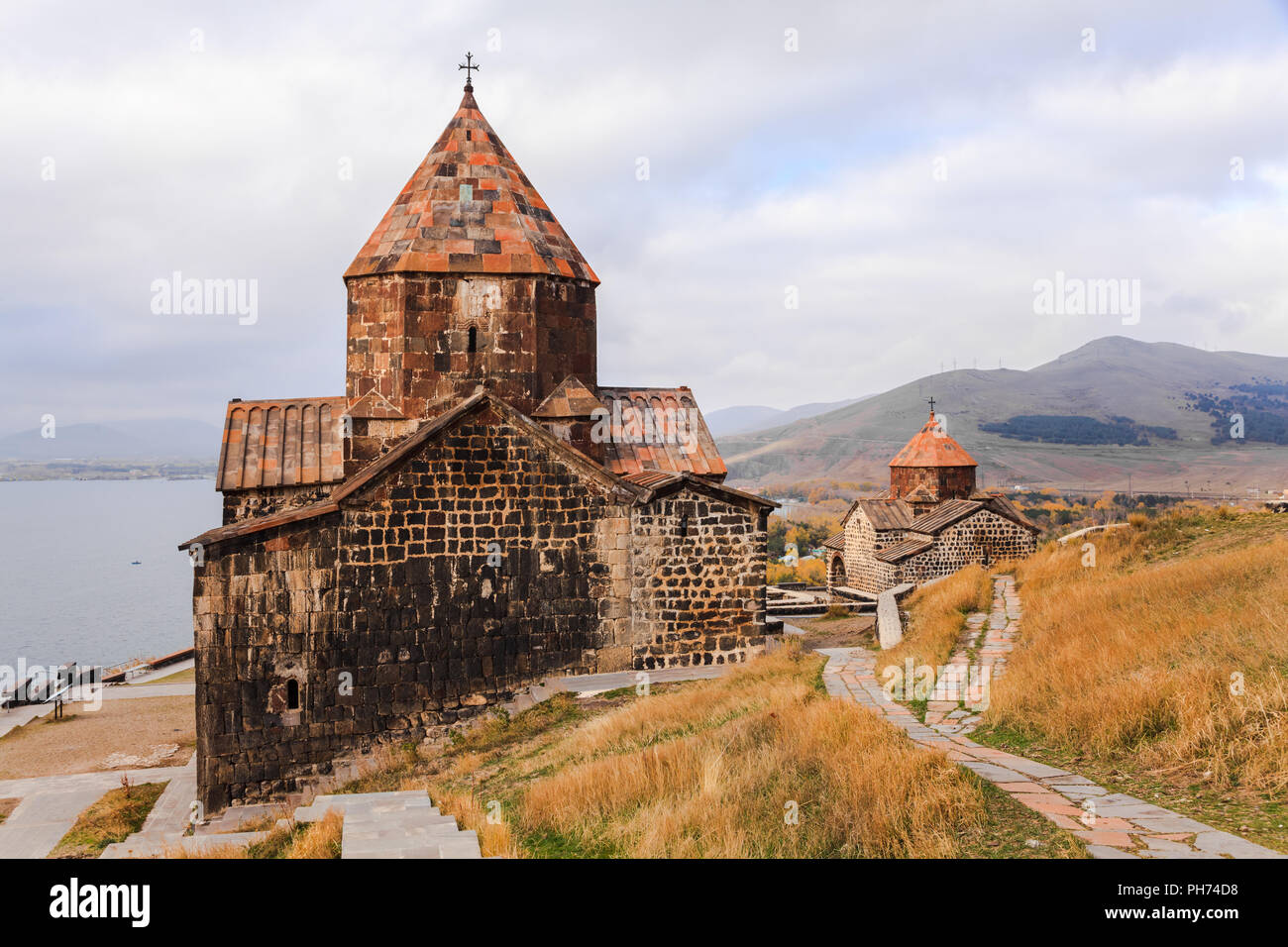 Sevanavank Monastery and lake Sevan Stock Photo