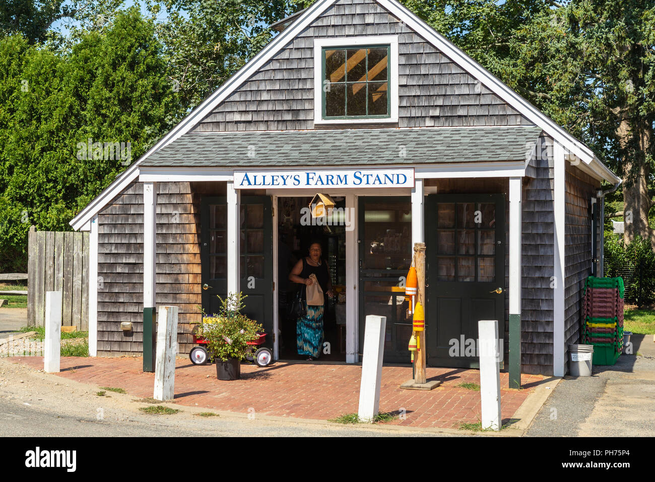 A woman leaves historic Alley's Farm Stand after making a purchase in West Tisbury, Massachusetts on Martha's Vineyard. Stock Photo