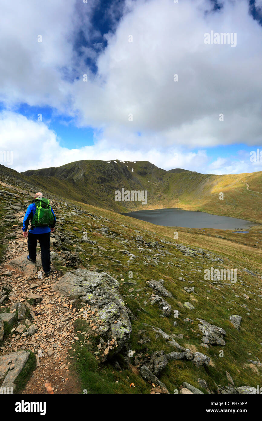 Walkers on Striding Edge ridge on the way to Helvellyn fell, Lake ...