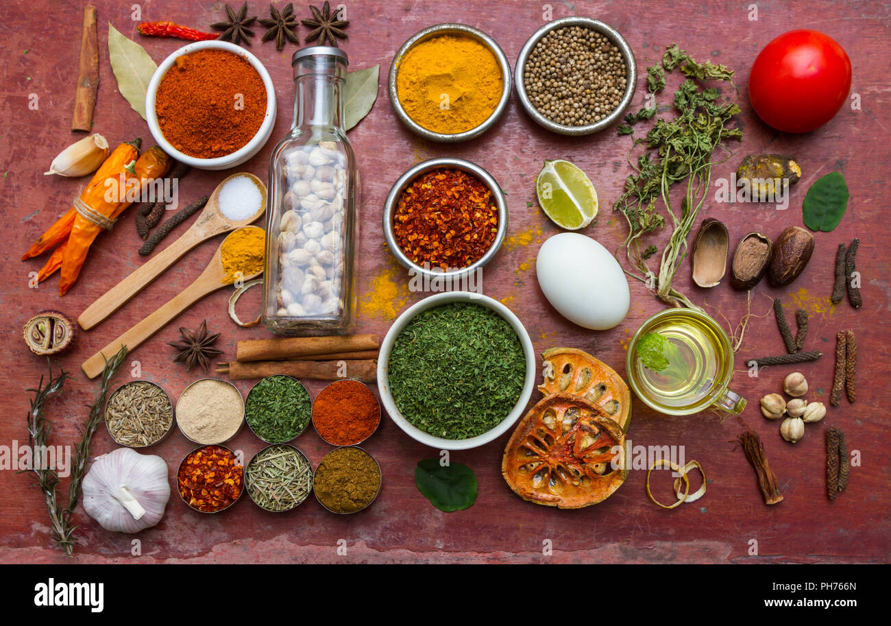 Mixed Spices And Herbs Food And Cuisine Ingredients Red Background Stock Photo Alamy