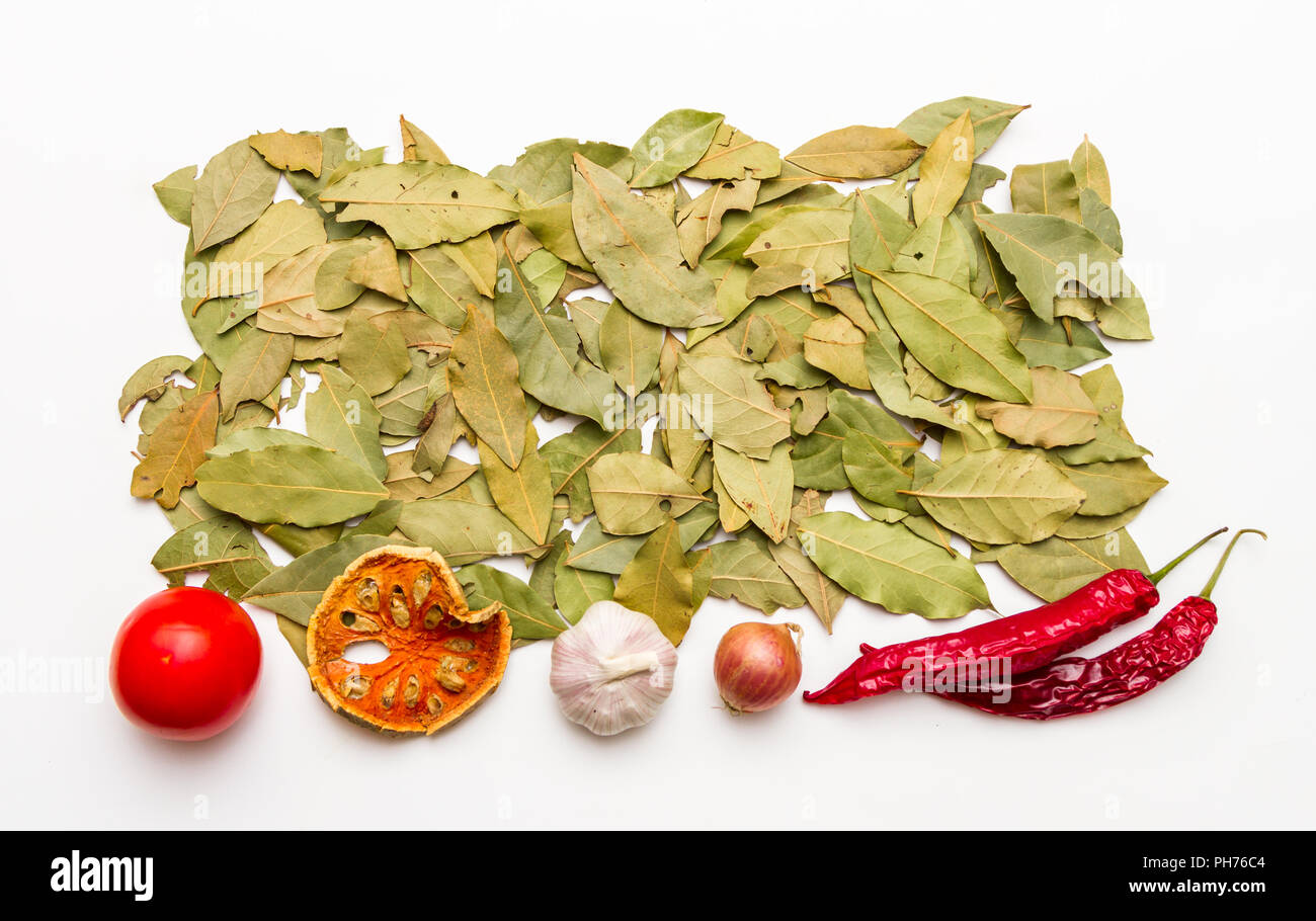 Bay leaves spices and herb on white background Stock Photo Alamy